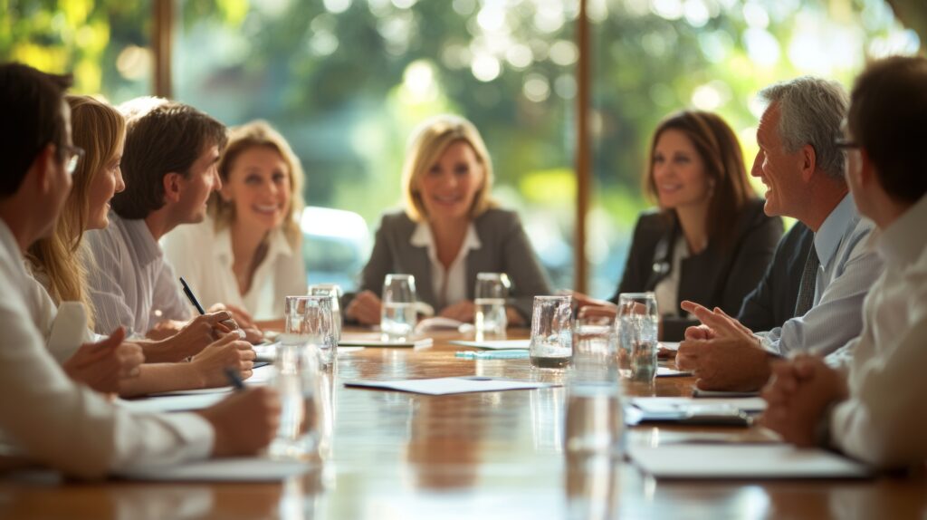 People in conversation around a meeting table