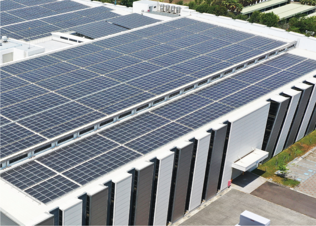 Data center building with solar panels on the roof