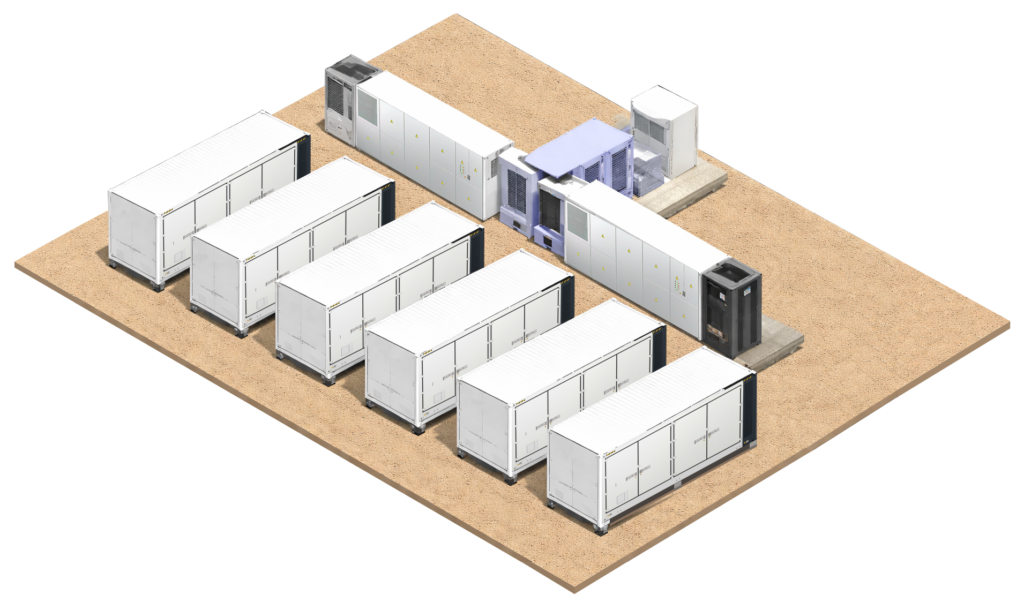 Six energy storage containers in a row beside two power conversion units, shown as a three-dimensional model